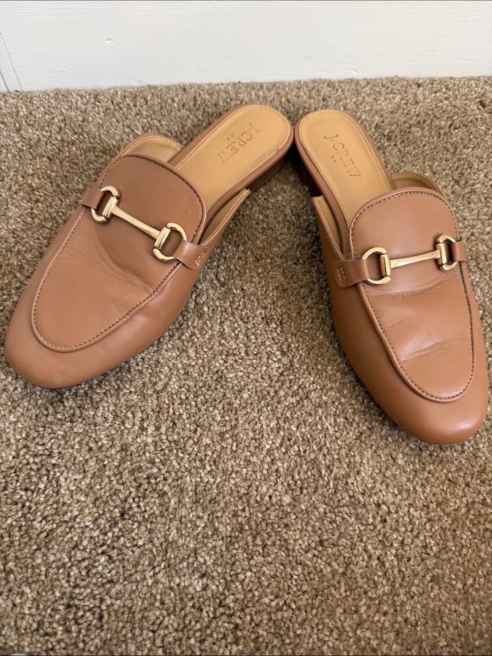 J. Crew Tan Leather Mule Loafers with Gold Horsebit